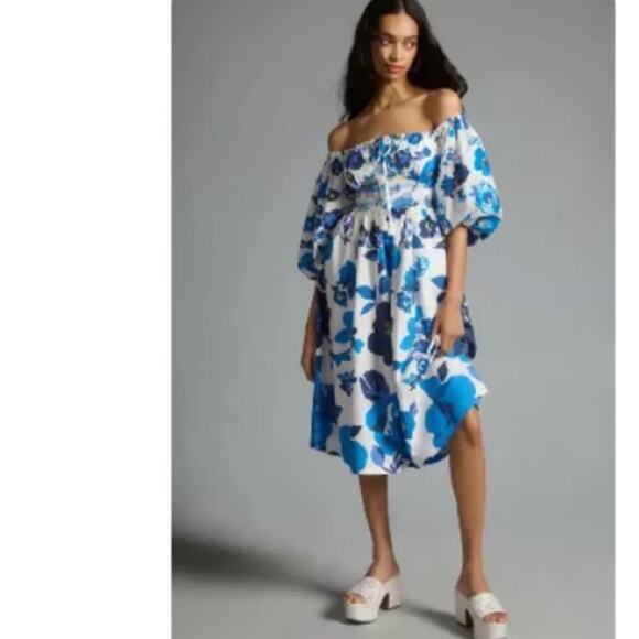 PLENTY BY TRACY REESE OFF-THE-SHOULDER PUFF-SLEEVE SMOCKED DRESS blue white XS - Picture 2 of 10